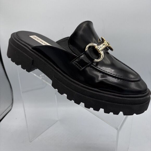 STEVE MADDEN Missk Black Patent Leather Mules Size 7.5 Chunky Loafer Y2k Retro - Picture 1 of 12